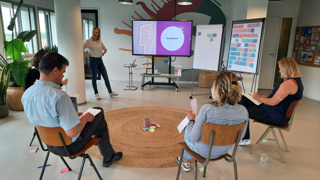 Foto van evaluatiemoment bij StormLab met introverte en extraverte deelnemers